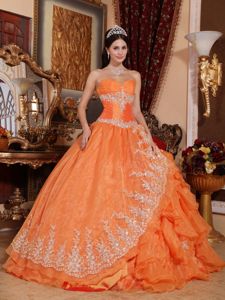 Orange Lace Hem Sweetheart Dresses for Quince with Ruffled Layers