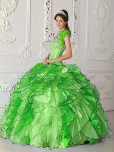 Latest Green One Shoulder Ruffles Quinceanera Dresses with Beading