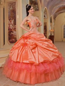 Orange Ball Gown Appliques Quinces Dresses in Taffeta and Organza