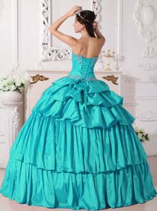 Taffeta Appliques and Ruches Turquoise Quinces Dresses on Discount