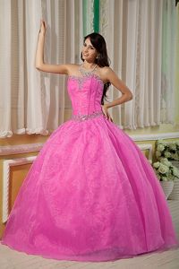 Rose Pink Organza Strapless Quinceanera Gown with Beading Bodice