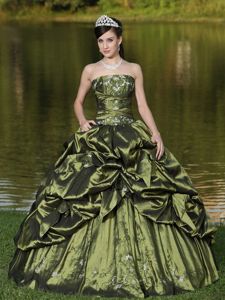 Newest Embroidery Olive Green Trajes De Quinceanera with Pick-ups