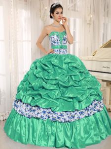 Green Sweetheart Print Beaded Dress for Quinceanera with Pick-ups