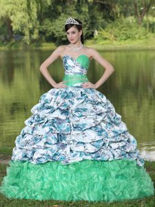 Colorful Taffeta and Organza Quince Dress with Pick-ups and Ruffles