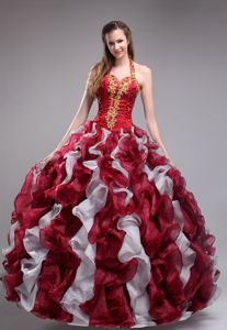 Organza Halter Top Appliques and Ruffles Dress for Quince Wine Red
