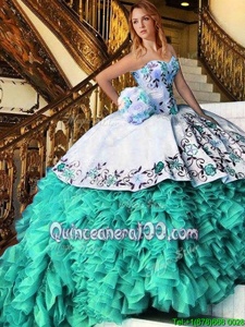 Beautiful Sleeveless Floor Length Appliques and Embroidery Lace Up Sweet 16 Dress with White and Turquoise