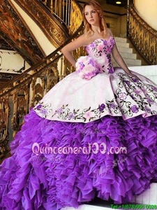 White And Purple Sleeveless Appliques and Embroidery Floor Length Sweet 16 Dress