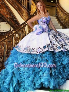 Comfortable Organza Sweetheart Sleeveless Lace Up Appliques and Embroidery and Ruffles Quinceanera Gown inBaby Blue