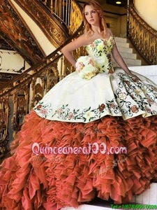 Graceful Rust Red Sweetheart Lace Up Appliques and Embroidery and Ruffles Quinceanera Dresses Sleeveless