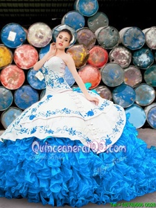 Cute Blue And White Lace Up Halter Top Appliques and Embroidery and Ruffles Sweet 16 Dresses Organza Sleeveless