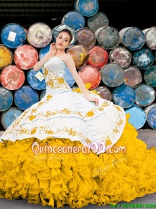 Great Yellow And White Organza Lace Up Quinceanera Dress Sleeveless Floor Length Appliques and Embroidery and Ruffles