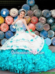 Fashion Blue And White Organza Lace Up Sweetheart Sleeveless Floor Length Quince Ball Gowns Appliques and Embroidery and Ruffles