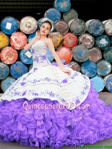 Best Appliques and Embroidery and Ruffles 15th Birthday Dress White And Purple Lace Up Sleeveless Floor Length