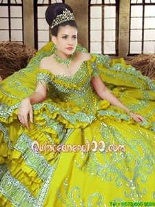 Exceptional Off the Shoulder Light Yellow Lace Up Quinceanera Dress Embroidery Sleeveless Floor Length