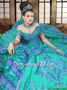 Flare Turquoise Lace Up Off The Shoulder Embroidery Quinceanera Gowns Satin Sleeveless