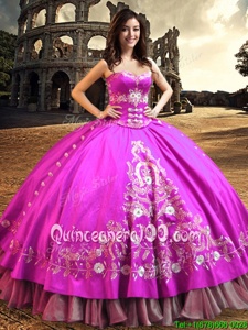 Elegant Floor Length Lace Up Quince Ball Gowns Fuchsia and In forMilitary Ball and Sweet 16 and Quinceanera withEmbroidery
