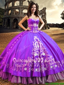 Cute Floor Length Purple 15 Quinceanera Dress Satin Sleeveless Spring and Summer and Fall and Winter Embroidery