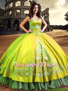 Luxury Satin One Shoulder Sleeveless Lace Up Lace and Embroidery Quince Ball Gowns inYellow