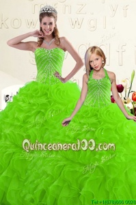 Sumptuous Spring Green Organza Lace Up Sweetheart Sleeveless Floor Length Quinceanera Dresses Beading and Ruffles