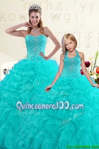 Elegant Aqua Blue Organza Lace Up Quinceanera Gowns Sleeveless Floor Length Beading and Ruffles