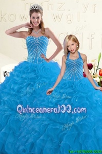 New Style Blue Organza Lace Up Sweetheart Sleeveless Floor Length Quinceanera Dress Beading and Ruffles
