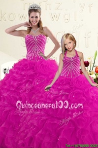 Best Selling Fuchsia Sleeveless Organza Lace Up 15 Quinceanera Dress forMilitary Ball and Sweet 16 and Quinceanera