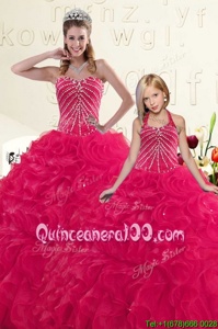 Sweetheart Sleeveless 15 Quinceanera Dress Floor Length Beading and Ruffles Hot Pink Organza