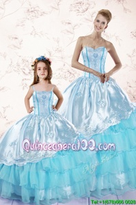 Free and Easy Sleeveless Floor Length Embroidery and Ruffled Layers Zipper Sweet 16 Dress with Baby Blue