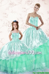 Embroidery and Ruffled Layers Quinceanera Gown Apple Green Lace Up Long Sleeves Floor Length