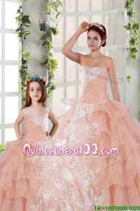 Admirable Peach 15th Birthday Dress Military Ball and Sweet 16 and For withBeading and Ruffled Layers and Ruching Strapless Sleeveless Lace Up