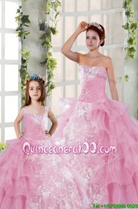 Wonderful Organza Strapless Sleeveless Lace Up Beading and Ruffled Layers and Ruching Vestidos de Quinceanera inRose Pink