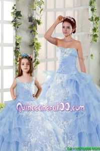 Perfect Blue Lace Up Strapless Embroidery and Ruffled Layers Quinceanera Dress Organza Sleeveless