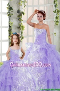 Exceptional Lavender Ball Gowns Organza Strapless Sleeveless Embroidery and Ruffled Layers Floor Length Lace Up Sweet 16 Dresses