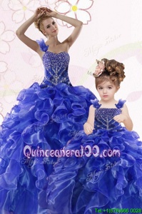 Delicate Royal Blue Sweet 16 Dresses Military Ball and Sweet 16 and Quinceanera and For withBeading and Ruffles One Shoulder Sleeveless Lace Up