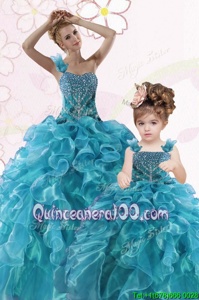 Decent One Shoulder Sleeveless Beading and Ruffles Lace Up Quince Ball Gowns