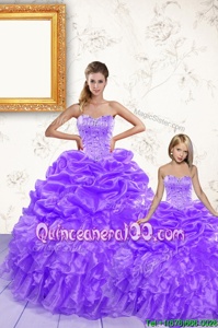 Lavender 15 Quinceanera Dress Military Ball and Sweet 16 and Quinceanera and For withBeading and Ruffles and Pick Ups Sweetheart Sleeveless Lace Up