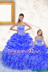 Custom Designed Royal Blue Lace Up Spaghetti Straps Beading and Ruffles and Pick Ups Quince Ball Gowns Organza Sleeveless