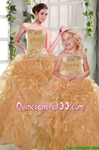 Affordable Orange Ball Gowns Beading and Ruffles Quinceanera Gown Lace Up Organza Sleeveless Floor Length