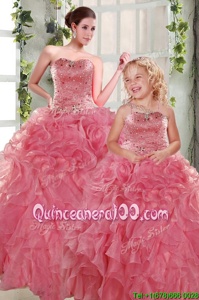 Cute Rose Pink Organza Lace Up Strapless Sleeveless Floor Length Sweet 16 Dresses Beading and Ruffles