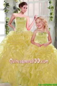 Top Selling Yellow Ball Gowns Strapless Sleeveless Organza Floor Length Lace Up Beading and Ruffles Sweet 16 Dress