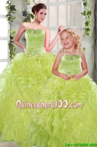 Luxury Strapless Sleeveless Quinceanera Gown Floor Length Beading and Ruffles Yellow Green Organza