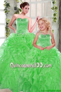 Perfect Green Ball Gowns Sweetheart Sleeveless Organza Floor Length Lace Up Beading and Ruffles 15 Quinceanera Dress