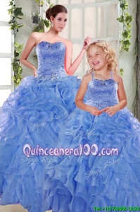 Gorgeous Floor Length Lace Up Quinceanera Dresses Blue and In forMilitary Ball and Sweet 16 and Quinceanera withBeading and Ruffles
