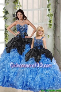 Perfect Black and Blue Organza Lace Up Sweetheart Sleeveless Floor Length Quinceanera Gown Beading and Ruffles