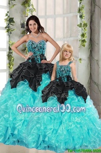 Enchanting Black and Turquoise Sleeveless Beading and Ruffles Floor Length Quinceanera Gown