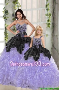 Elegant Floor Length Black and Lavender 15 Quinceanera Dress Organza Sleeveless Spring and Summer and Fall and Winter Beading and Ruffles