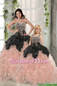 Hot Selling Black and Peach Sweetheart Neckline Beading and Ruffles 15th Birthday Dress Sleeveless Lace Up