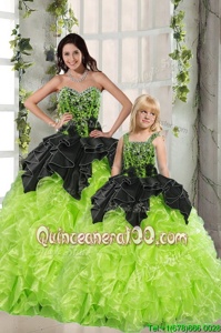 Sleeveless Floor Length Beading and Ruffles Lace Up 15th Birthday Dress with Black and Green