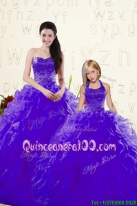 Beautiful Sleeveless Floor Length Beading and Ruffles Lace Up Sweet 16 Dress with Purple
