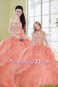 Gorgeous Floor Length Watermelon Red 15 Quinceanera Dress Organza Sleeveless Spring and Summer and Fall and Winter Beading and Sequins